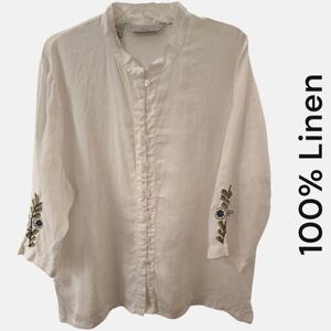 Linen Button Down Embroidery Blouse  3/4 Sleeves Plus Size 2X